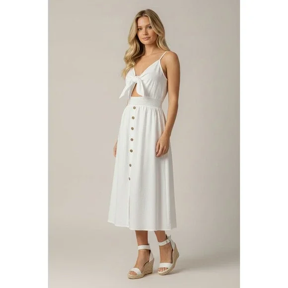NEW White Tie Front Cutout Button Down Midi Sun Dress Size XL Summer Boho - Picture 1 of 8